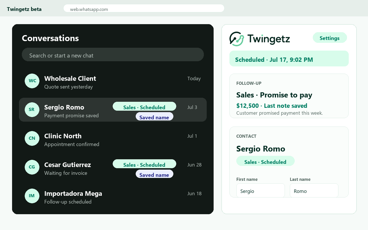 Twingetz CRM extension running beside WhatsApp Web